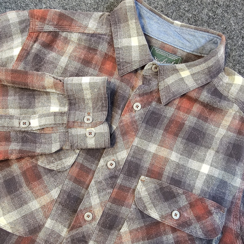 Woolrich Mens M Plaid Flannel Shirt Brown Gray Red Button Front Outdoor Cotton